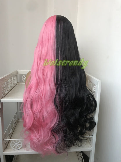 Half and Half Pink | Black Long Straight Waves Hair Premium Synthetic No Lace Wig with Bangs Heat Ok