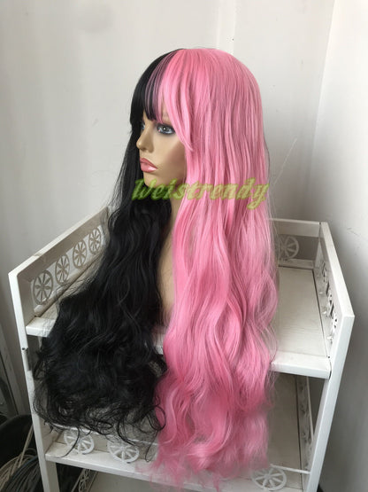 Half and Half Pink | Black Long Straight Waves Hair Premium Synthetic No Lace Wig with Bangs Heat Ok