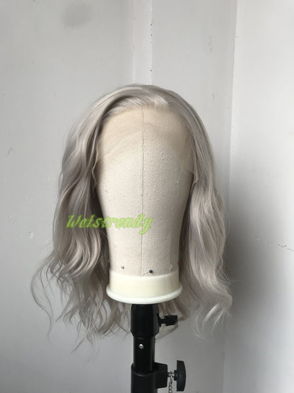 Pale Grey | Ash Blonde 16in Medium Length Wavy Hair Synthetic Swiss Lace Frontal Wig Heat Safe