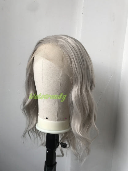 Pale Grey | Ash Blonde 16in Medium Length Wavy Hair Synthetic Swiss Lace Frontal Wig Heat Safe