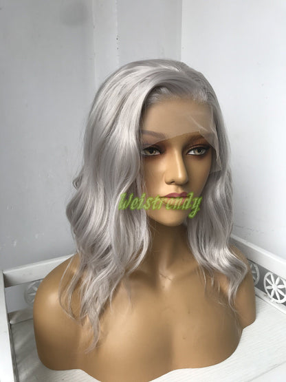 Pale Grey | Ash Blonde 16in Medium Length Wavy Hair Synthetic Swiss Lace Frontal Wig Heat Safe