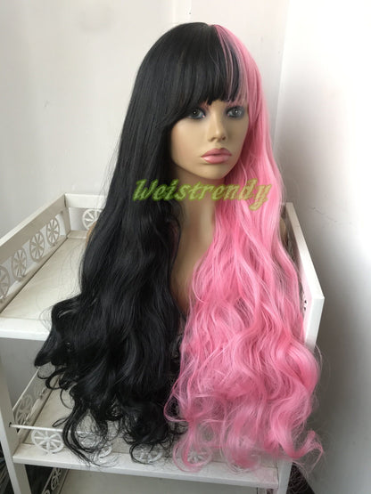 Half and Half Pink | Black Long Straight Waves Hair Premium Synthetic No Lace Wig with Bangs Heat Ok