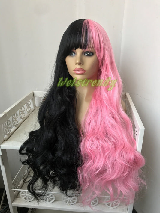 Half and Half Pink | Black Long Straight Waves Hair Premium Synthetic No Lace Wig with Bangs Heat Ok