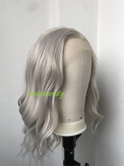 Pale Grey | Ash Blonde 16in Medium Length Wavy Hair Synthetic Swiss Lace Frontal Wig Heat Safe