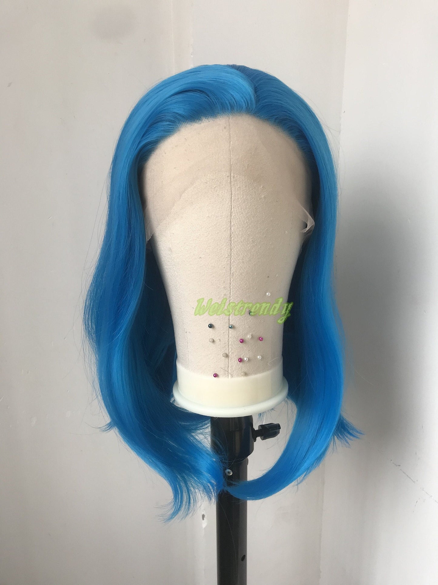 Bright Blue Short Straight BOB Hair Premium Synthetic Lace Frontal Wig with Natural Hairline
