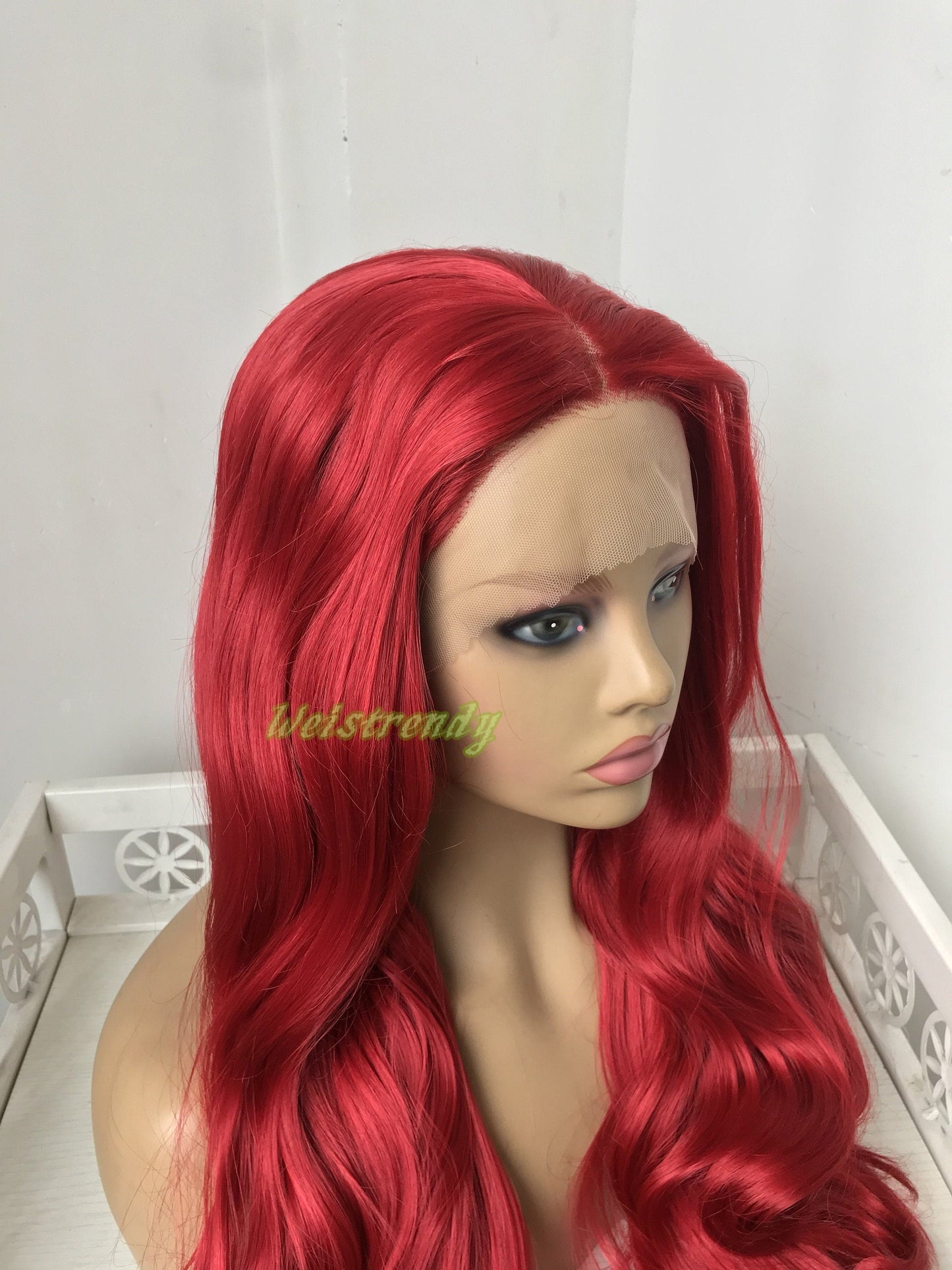 30in Cherry Red Long Curls Waves Wig Premium Synthetic Soft Swiss Lace Frontal Wigs Multi Part