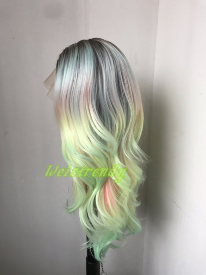 Rooted Pastel Green Rainbow Long Curls Wavy Hair Layered Centre Part Premium Synthetic Lace Wig