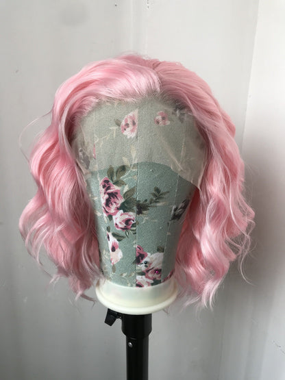 Ice Pink Wigs Beachy Wavy Short Bob Premium Synthetic Swiss Lace Front Wig Free Partting Heat Safe
