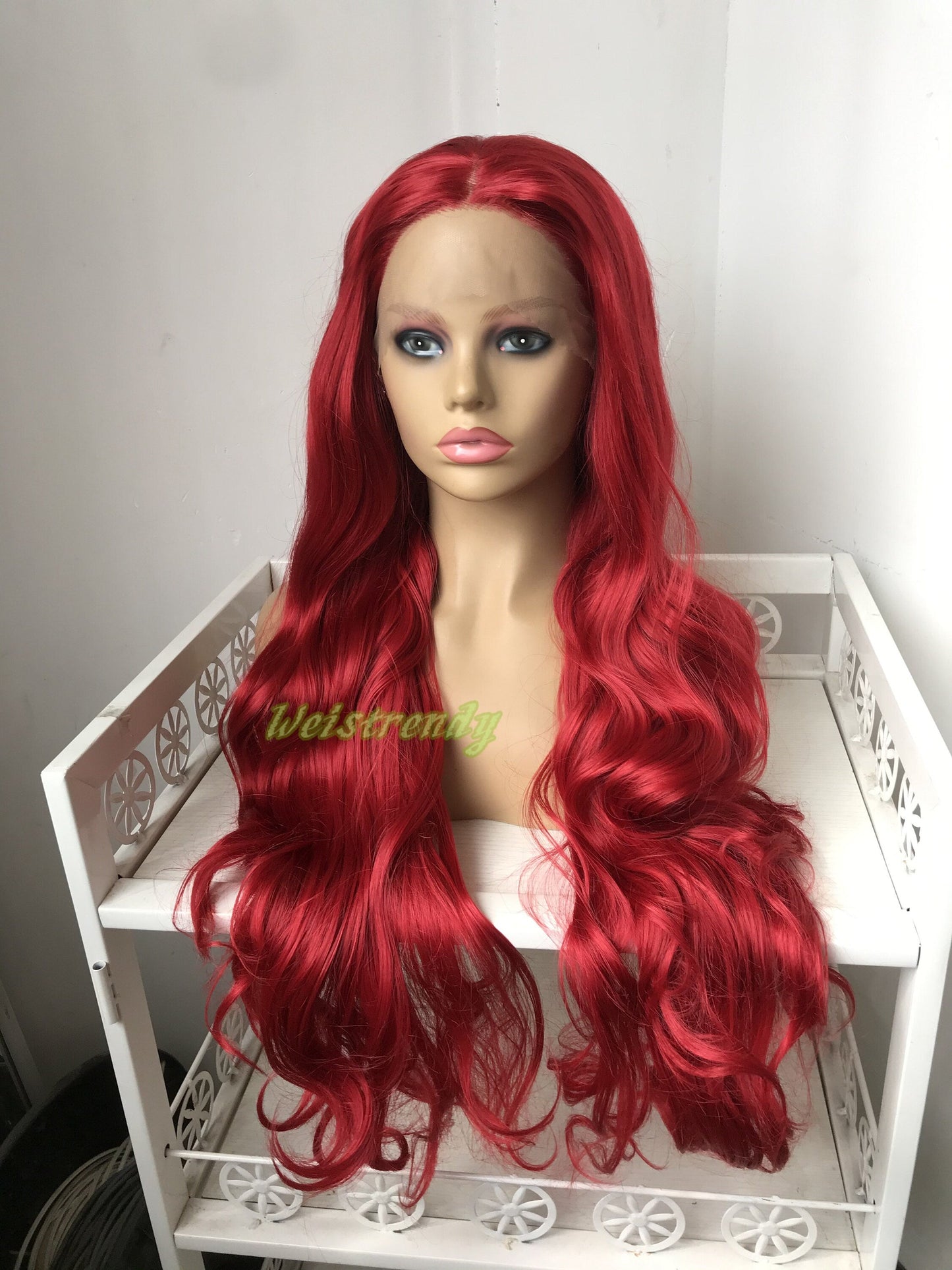 30in Cherry Red Long Curls Waves Wig Premium Synthetic Soft Swiss Lace Frontal Wigs Multi Part