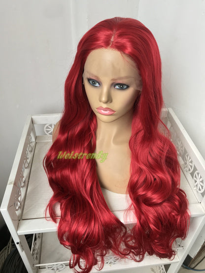 30in Cherry Red Long Curls Waves Wig Premium Synthetic Soft Swiss Lace Frontal Wigs Multi Part