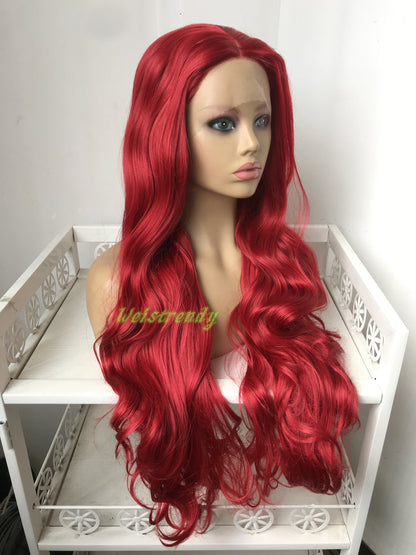 30in Cherry Red Long Curls Waves Wig Premium Synthetic Soft Swiss Lace Frontal Wigs Multi Part