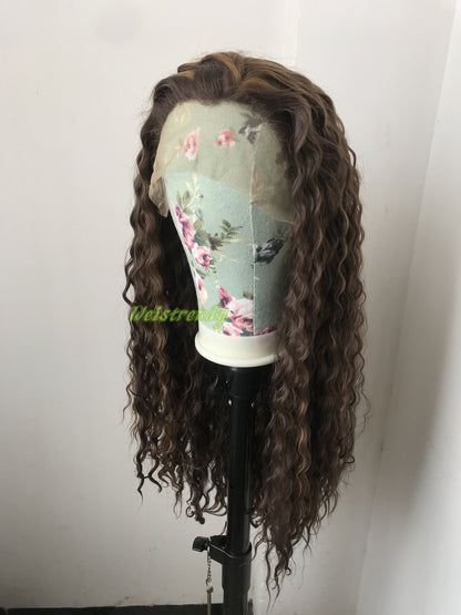 Mixed Brown Light Brown Highlights Long waves Hair Premium Synthetic Fibre Heat Safe Lace Frontal Wig
