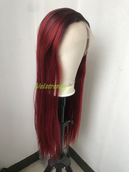 Ombré Dark Red Long Straight Hair with Black Roots Premium Synthetic Soft Swiss Lace Frontal Wig Multi Parting