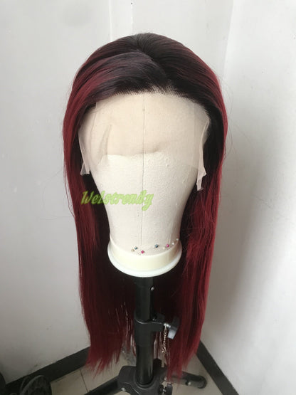 Ombré Dark Red Long Straight Hair with Black Roots Premium Synthetic Soft Swiss Lace Frontal Wig Multi Parting