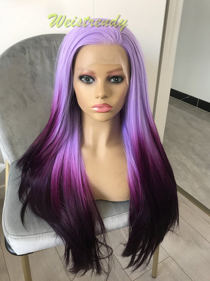 Inspired by Morning Glory Lilac into Dark purple Ombre Wigs Long Straight hairstyle wigs Synthetic Swiss Lace frontal Wigs Heat Safe
