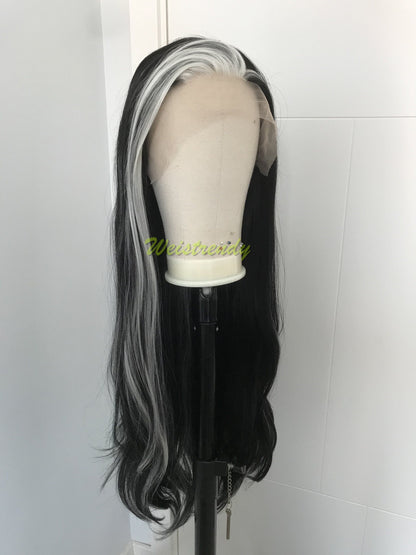 Silver Fronted Black Wig Jet Black with Pale Silver front edge Long Straight Hair Wigs Soft Swiss Lace Front Synthetic Wig Heat Safe