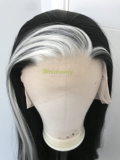 Silver Fronted Black Wig Jet Black with Pale Silver front edge Long Straight Hair Wigs Soft Swiss Lace Front Synthetic Wig Heat Safe