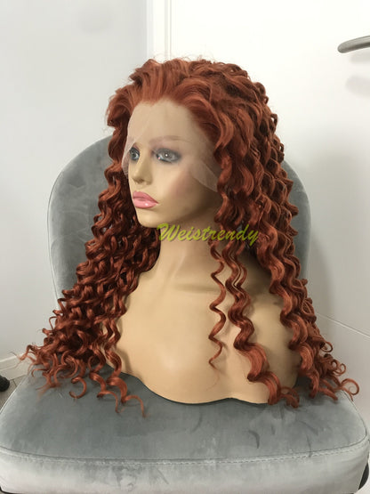 Ginger / Copper Red Long Ring Curls Wigs Premium Synthetic Fibre Heat Safe Glueless Lace Frontal Wig