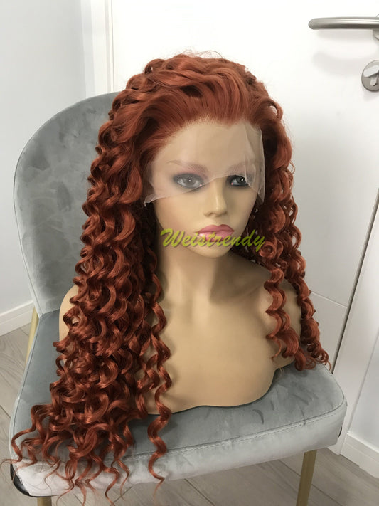 Ginger / Copper Red Long Ring Curls Wigs Premium Synthetic Fibre Heat Safe Glueless Lace Frontal Wig