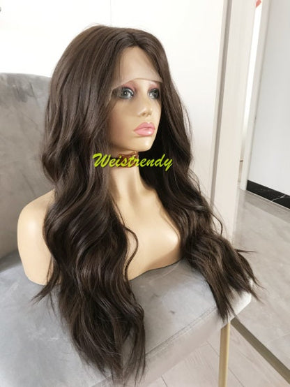 Light Weight Dark Brown Loose Wavy Long Straight Layered Centre Part Premium Synthetic Soft Swiss Lace Wig 6" Deep Part