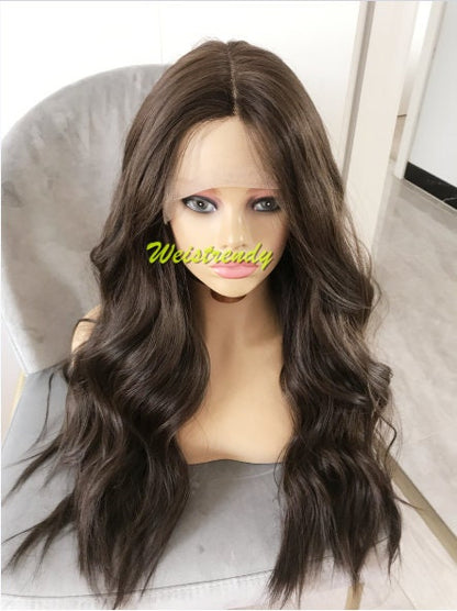 Light Weight Dark Brown Loose Wavy Long Straight Layered Centre Part Premium Synthetic Soft Swiss Lace Wig 6" Deep Part