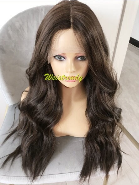 Light Weight Dark Brown Loose Wavy Long Straight Layered Centre Part Premium Synthetic Soft Swiss Lace Wig 6" Deep Part