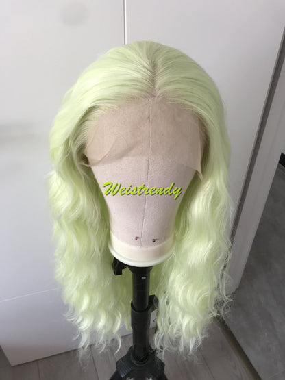 Lime Green | Pastel Green Long Beachy Waves Hair Synthetic Swiss Lace Frontal Wig Side Parting Heat Friendly