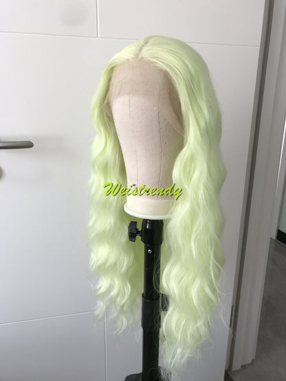 Lime Green | Pastel Green Long Beachy Waves Hair Synthetic Swiss Lace Frontal Wig Side Parting Heat Friendly