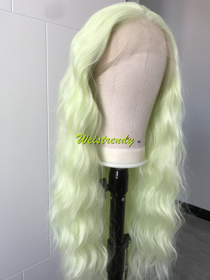Lime Green | Pastel Green Long Beachy Waves Hair Synthetic Swiss Lace Frontal Wig Side Parting Heat Friendly