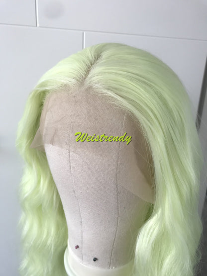 Lime Green | Pastel Green Long Beachy Waves Hair Synthetic Swiss Lace Frontal Wig Side Parting Heat Friendly