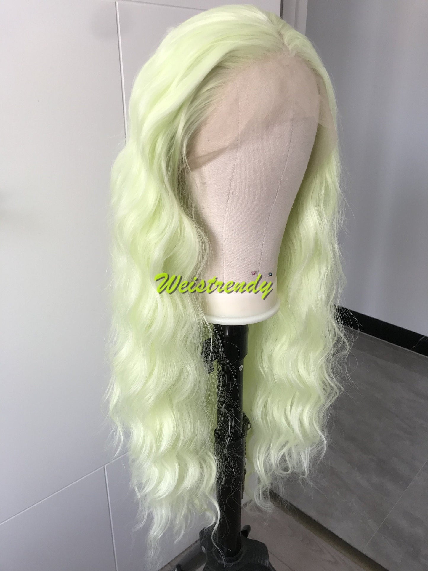 Lime Green | Pastel Green Long Beachy Waves Hair Synthetic Swiss Lace Frontal Wig Side Parting Heat Friendly