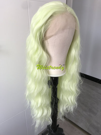 Lime Green | Pastel Green Long Beachy Waves Hair Synthetic Swiss Lace Frontal Wig Side Parting Heat Friendly