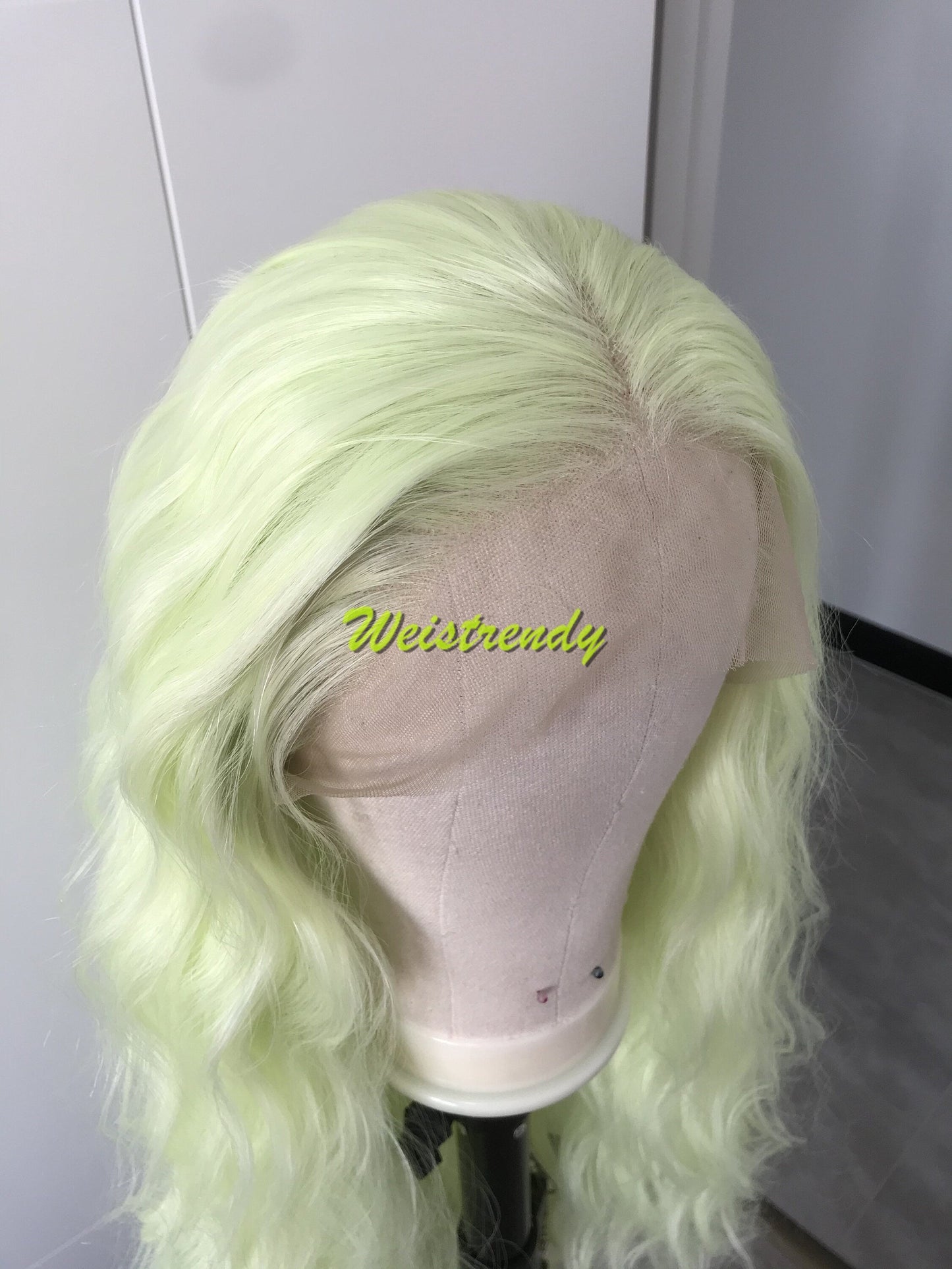 Lime Green | Pastel Green Long Beachy Waves Hair Synthetic Swiss Lace Frontal Wig Side Parting Heat Friendly