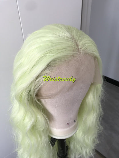 Lime Green | Pastel Green Long Beachy Waves Hair Synthetic Swiss Lace Frontal Wig Side Parting Heat Friendly