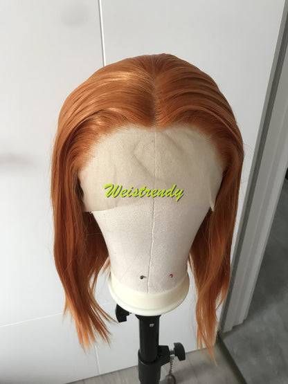 Ginger | Orange Short Silky Straight Bob Hair Premium Synthetic Lace Frontal Wig Heat Safe