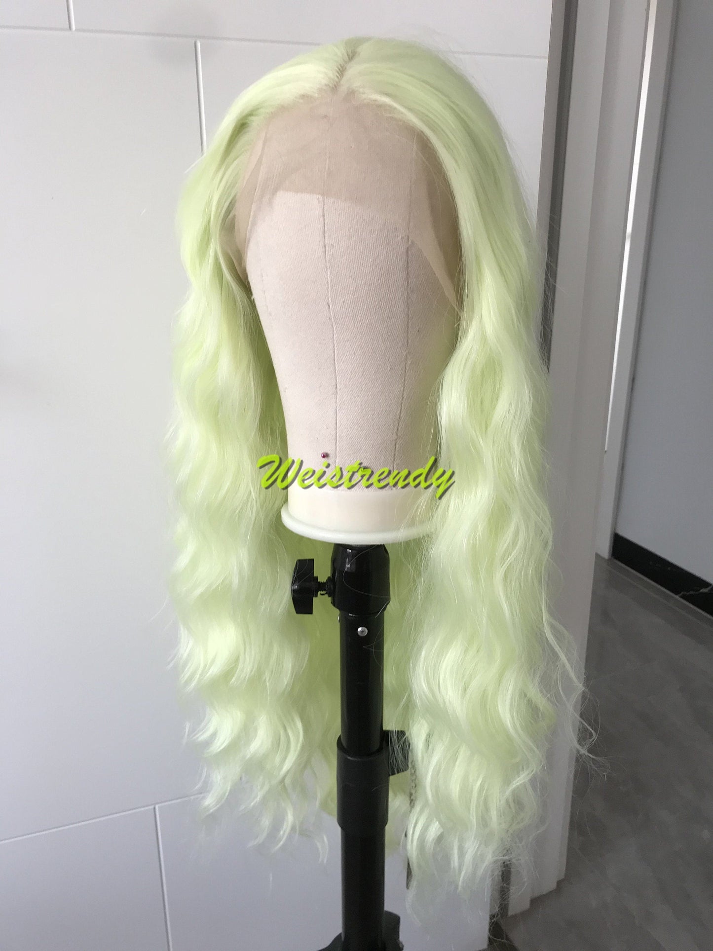 Lime Green | Pastel Green Long Beachy Waves Hair Synthetic Swiss Lace Frontal Wig Side Parting Heat Friendly