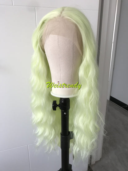 Lime Green | Pastel Green Long Beachy Waves Hair Synthetic Swiss Lace Frontal Wig Side Parting Heat Friendly