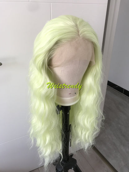 Lime Green | Pastel Green Long Beachy Waves Hair Synthetic Swiss Lace Frontal Wig Side Parting Heat Friendly