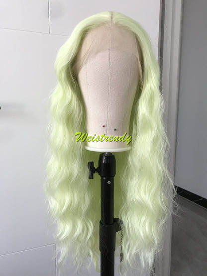 Lime Green | Pastel Green Long Beachy Waves Hair Synthetic Swiss Lace Frontal Wig Side Parting Heat Friendly