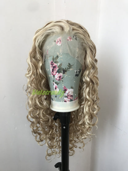 Mixed Blonde Brown Long Ring Curls Wigs Premium Synthetic Fibre Heat Safe Glueless Lace Frontal Wig