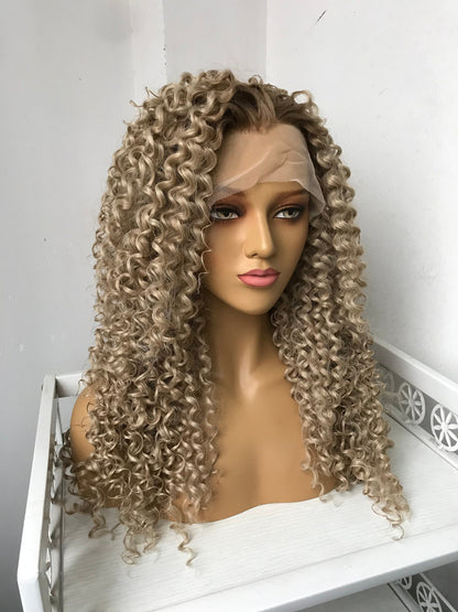 Dark Roots Ombre Ash Blonde Long Afro Curly Wigs Premium Synthetic Hair Wigs Daily Wigs