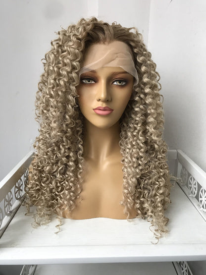 Dark Roots Ombre Ash Blonde Long Afro Curly Wigs Premium Synthetic Hair Wigs Daily Wigs