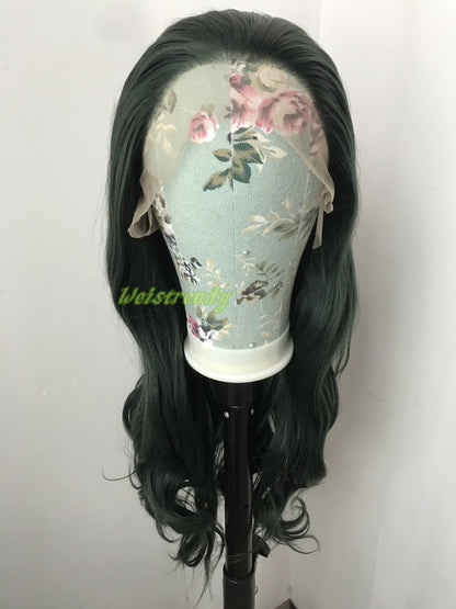 Dark Green | Christmas Green Long Wavy Hair Multi Part Premium Synthetic Soft Swiss Lace Wig Heat Friendly