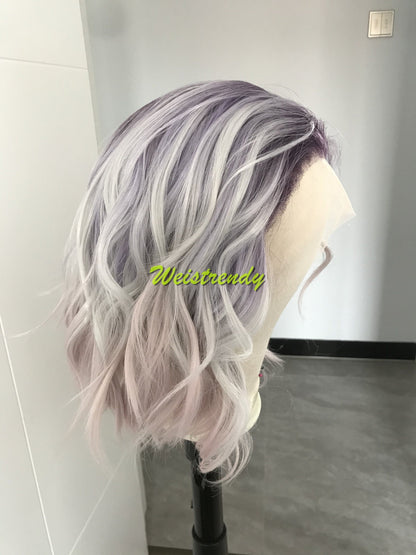 Mystery Pastel Purple Rainbow Lilac into Light Pink in 10 Stylish Wavy Bob Hair Lace frontal Synthetic Wig