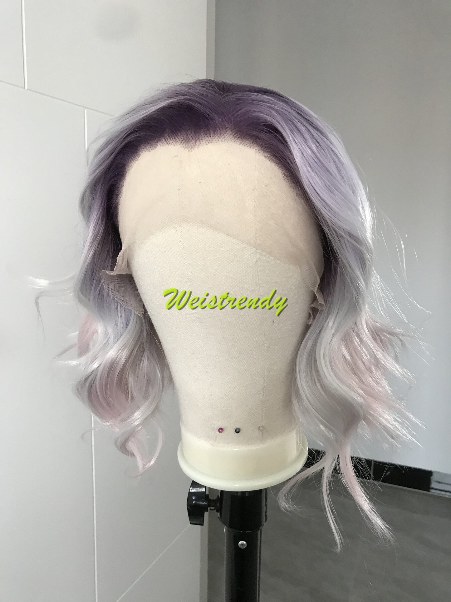 Mystery Pastel Purple Rainbow Lilac into Light Pink in 10 Stylish Wavy Bob Hair Lace frontal Synthetic Wig