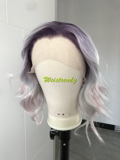 Mystery Pastel Purple Rainbow Lilac into Light Pink in 10 Stylish Wavy Bob Hair Lace frontal Synthetic Wig