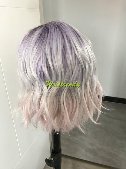 Mystery Pastel Purple Rainbow Lilac into Light Pink in 10 Stylish Wavy Bob Hair Lace frontal Synthetic Wig
