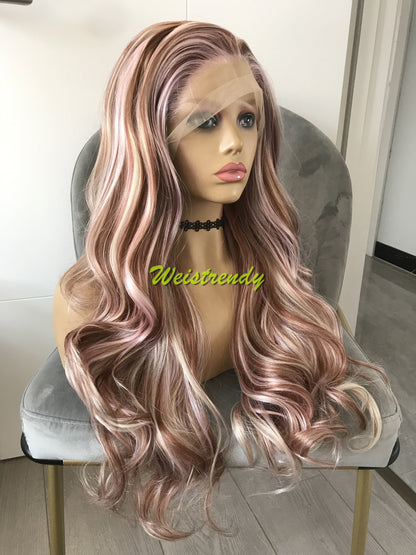 Inspired by Shale - Pink Blonde Brown Mixed Colors Body Wave Lace Frontal Multi Part Wig Realistic