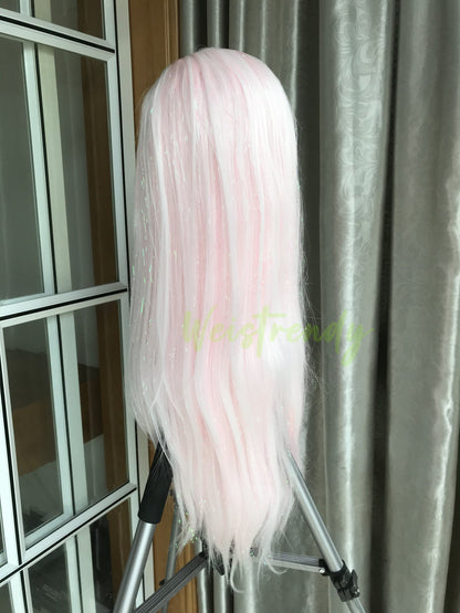 Mixed Tinsel Sparkle Cream Pink | Ice Pink Premium Synthetic Hair Swiss Lace frontal Wig Free Partting Heat Safe