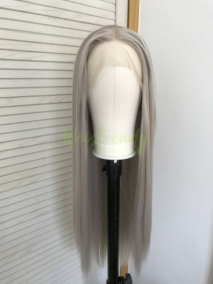 Ash Blonde | Grey Long Straight Hair Synthetic Soft Swiss Lace Front Wig Heat Safe Free Parting